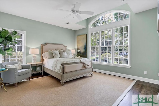 bedroom featuring wood-type flooring and ceiling fan