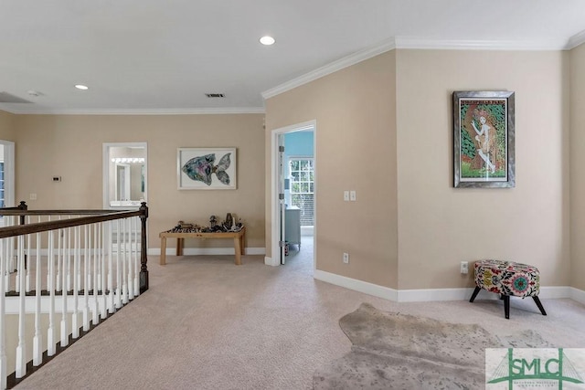 hall featuring carpet flooring and ornamental molding