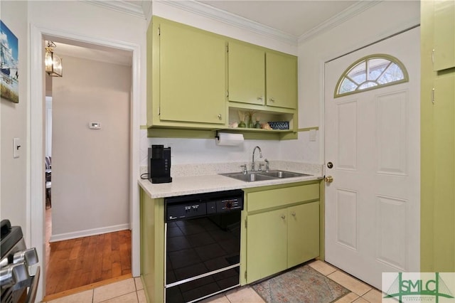 kitchen featuring sink, light tile patterned floors, ornamental molding, and black dishwasher