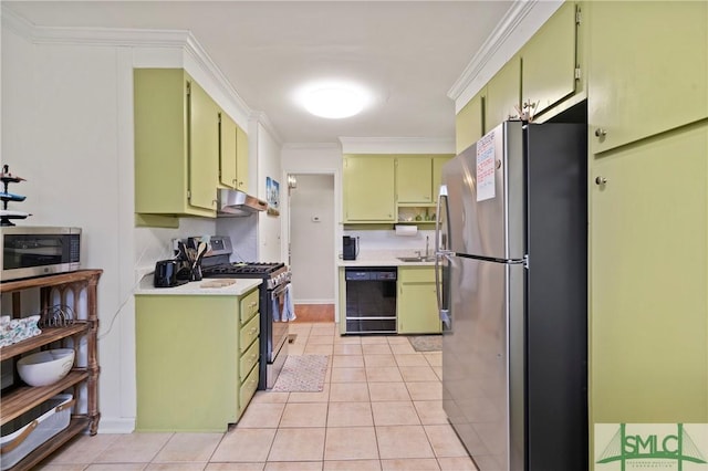 kitchen featuring green cabinets, sink, crown molding, light tile patterned floors, and appliances with stainless steel finishes