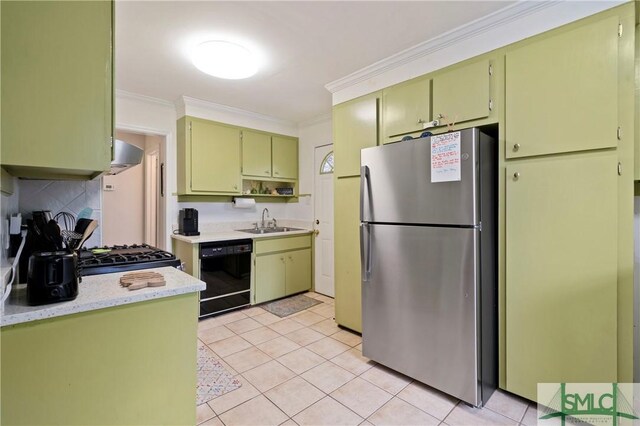 kitchen featuring stainless steel fridge, stove, ornamental molding, ventilation hood, and dishwasher