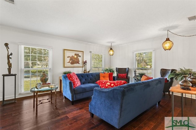 living room featuring dark hardwood / wood-style flooring and crown molding