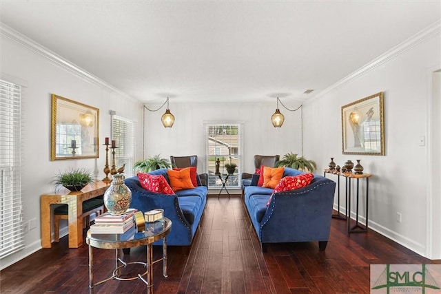 living room with ornamental molding and dark wood-type flooring