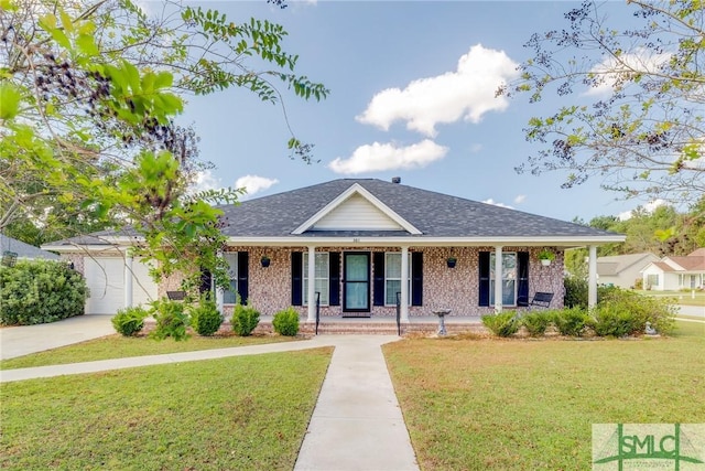 view of front of house featuring a front yard, a porch, and a garage