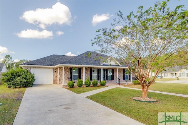 single story home featuring a garage, covered porch, and a front lawn