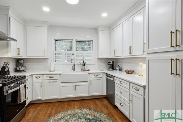 kitchen with appliances with stainless steel finishes, dark hardwood / wood-style floors, white cabinetry, and sink