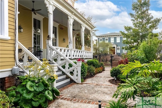 exterior space with ceiling fan and covered porch