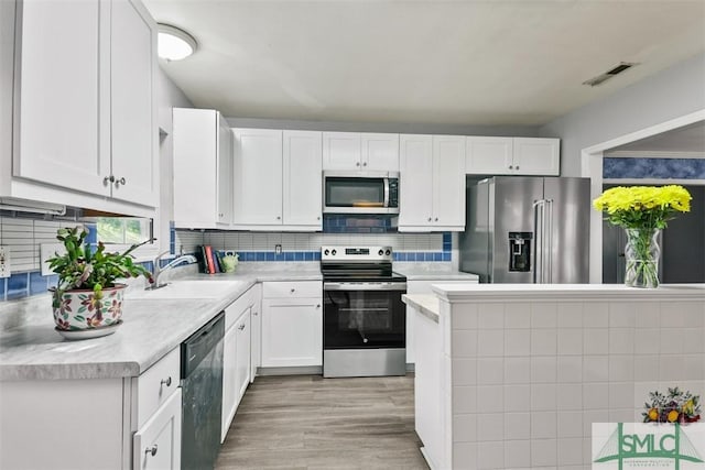 kitchen featuring white cabinetry, sink, stainless steel appliances, tasteful backsplash, and light wood-type flooring