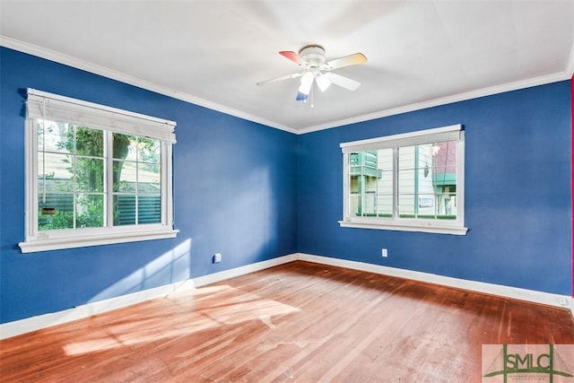 unfurnished room featuring wood-type flooring, ceiling fan, and ornamental molding