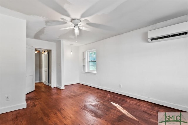 unfurnished room featuring a wall mounted air conditioner, ceiling fan, and dark wood-type flooring