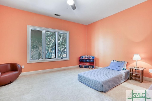 bedroom featuring carpet flooring and ceiling fan