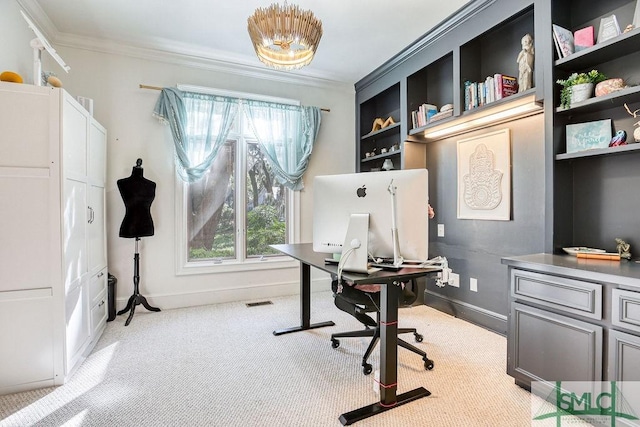 carpeted office space with crown molding