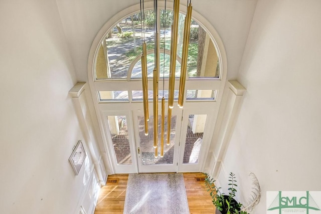 entryway with a high ceiling and light wood-type flooring