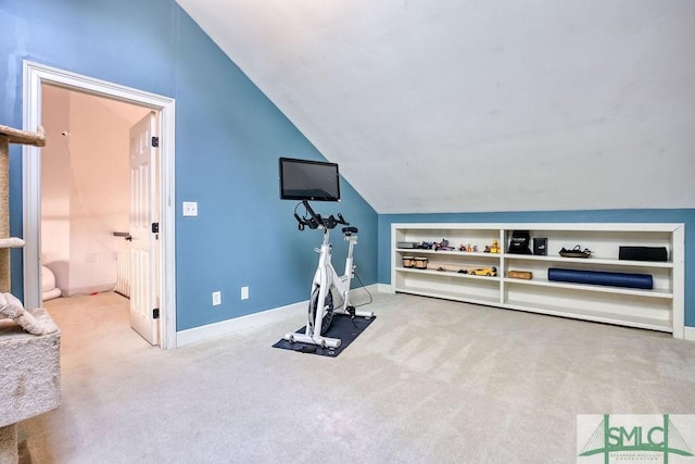 exercise room with carpet, built in shelves, and lofted ceiling