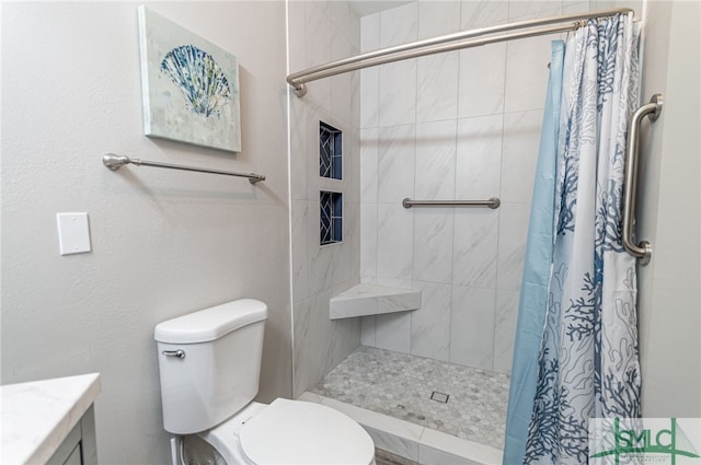 bathroom with curtained shower, vanity, and toilet