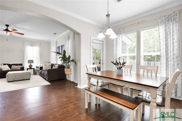 dining space featuring crown molding, dark wood-type flooring, and ceiling fan with notable chandelier