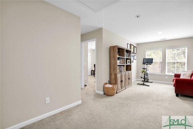 exercise room with light carpet