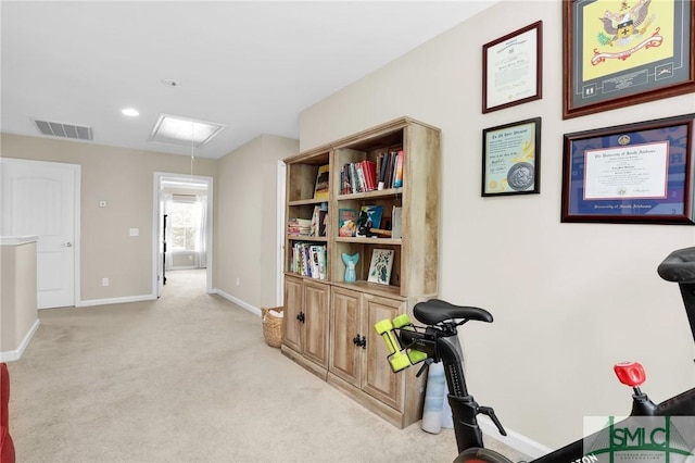 workout room featuring light colored carpet