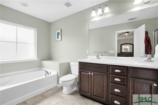 bathroom with a tub to relax in, vanity, ceiling fan, tile patterned flooring, and toilet