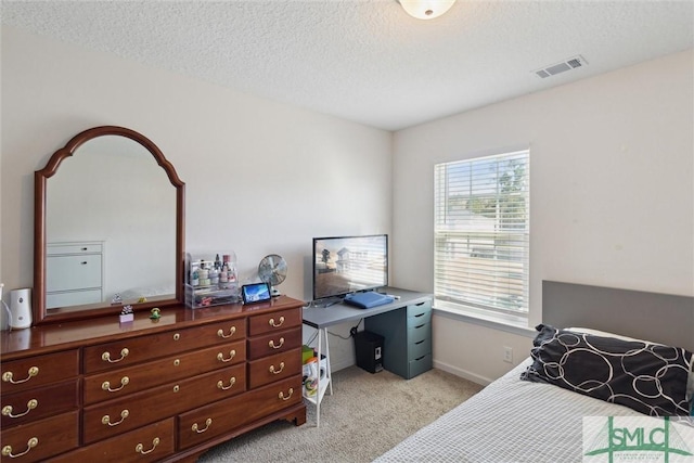 bedroom with a textured ceiling, light carpet, and multiple windows