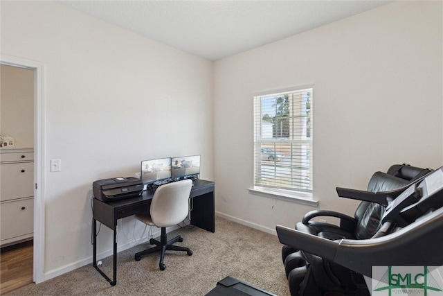 home office with light carpet