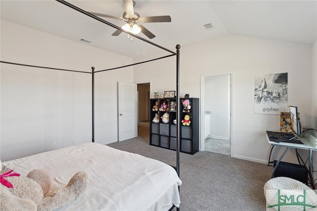 carpeted bedroom with ceiling fan and lofted ceiling