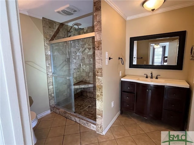 bathroom featuring tile patterned floors, toilet, an enclosed shower, ornamental molding, and vanity