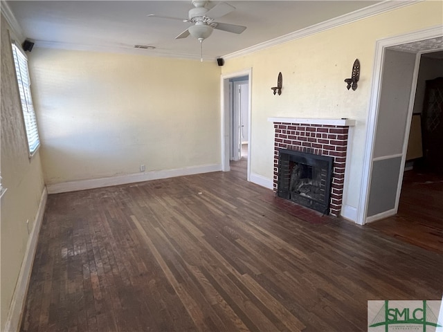 unfurnished living room featuring ornamental molding, dark wood-type flooring, and ceiling fan