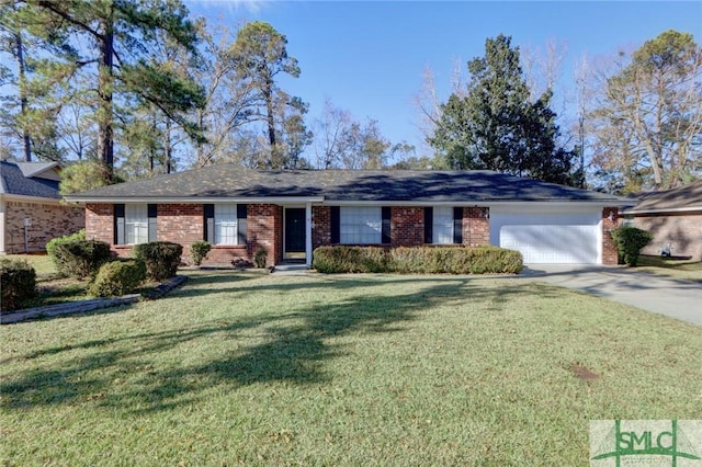 ranch-style home with driveway, a front yard, a garage, and brick siding