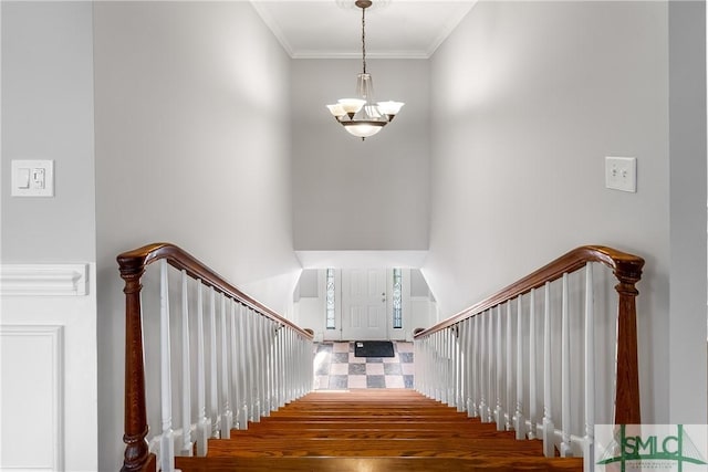 stairs featuring ornamental molding