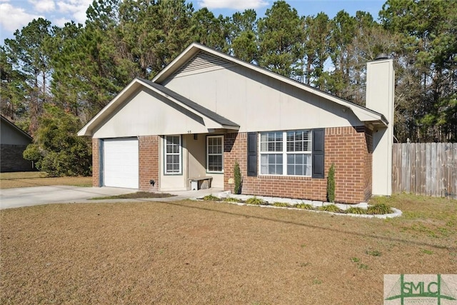 ranch-style house with a front yard and a garage