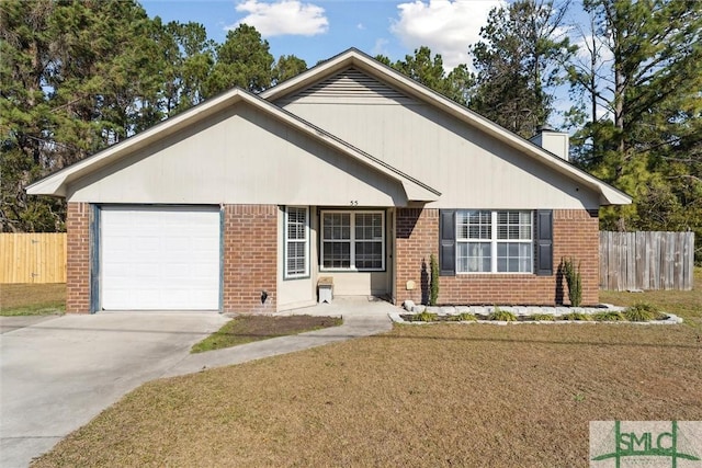 ranch-style home with a front lawn and a garage