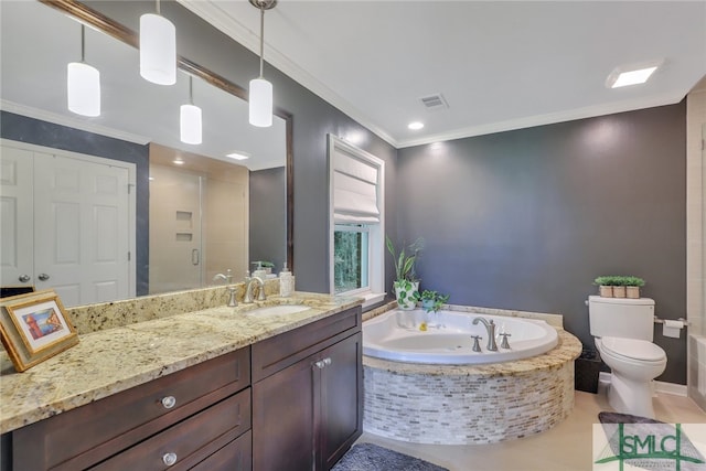 full bathroom featuring ornamental molding, vanity, toilet, and independent shower and bath