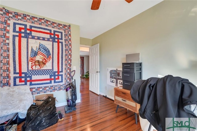 office space featuring hardwood / wood-style floors and ceiling fan