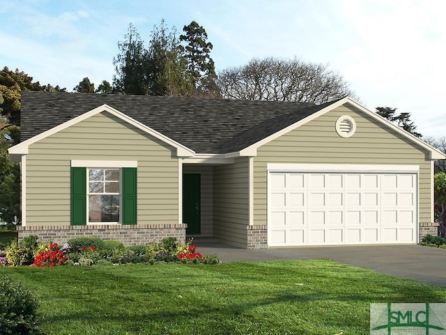 ranch-style home featuring a garage and a front yard