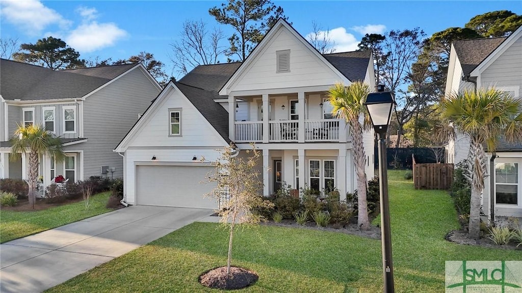 view of front of house featuring a front yard, a balcony, and a garage