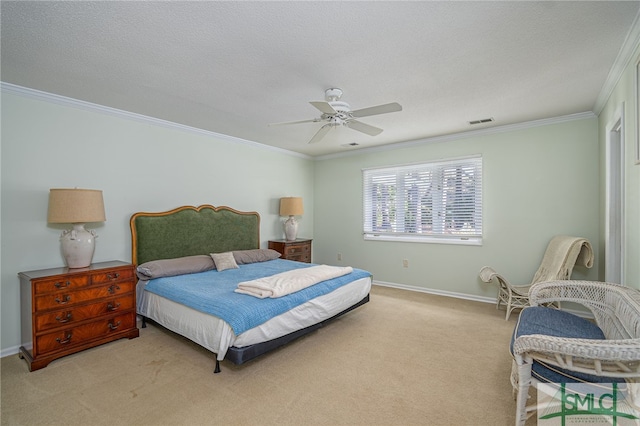 carpeted bedroom featuring a textured ceiling, ceiling fan, and ornamental molding