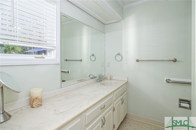 bathroom featuring tile patterned floors, vanity, and crown molding