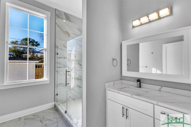 bathroom featuring vanity and walk in shower