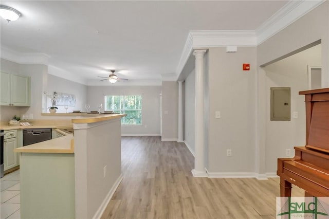 kitchen featuring ceiling fan, dishwasher, kitchen peninsula, crown molding, and electric panel