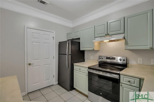 kitchen with light tile patterned flooring, crown molding, and stainless steel appliances