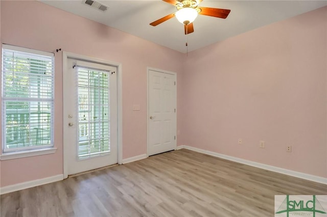 interior space featuring ceiling fan and light hardwood / wood-style floors