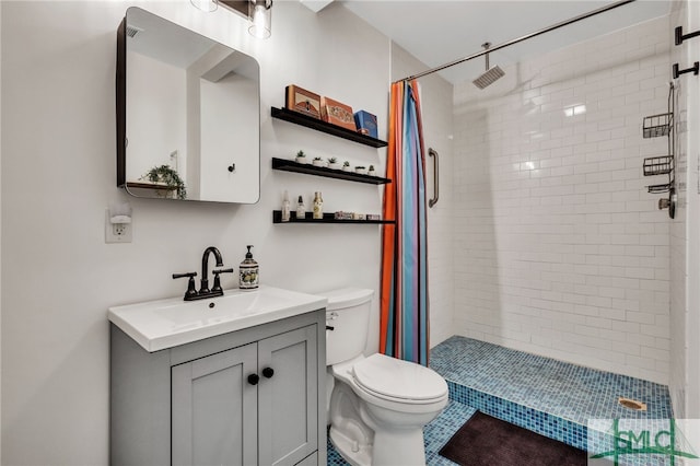 bathroom featuring toilet, vanity, and a shower with shower curtain