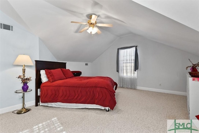 bedroom with carpet, vaulted ceiling, and ceiling fan