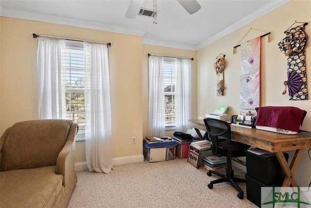 carpeted home office with ornamental molding and ceiling fan