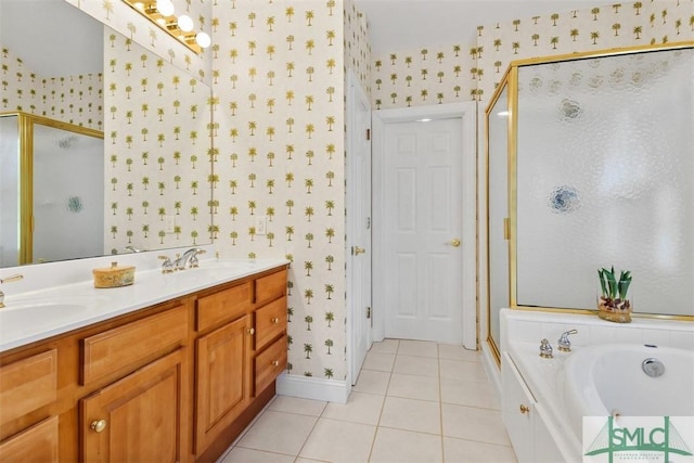 bathroom with vanity, tile patterned flooring, and independent shower and bath