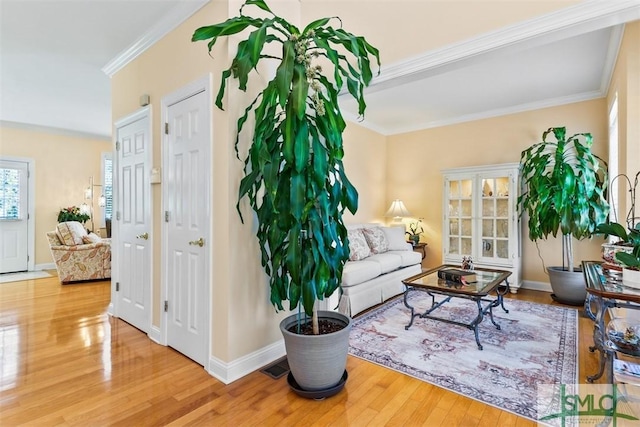 living area featuring crown molding and hardwood / wood-style flooring