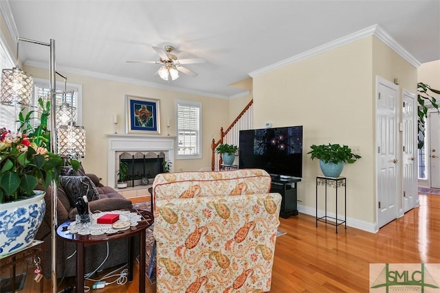 living room featuring ceiling fan, ornamental molding, and light hardwood / wood-style floors