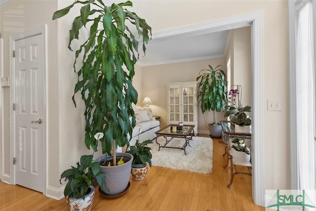 sitting room featuring light wood-type flooring and ornamental molding