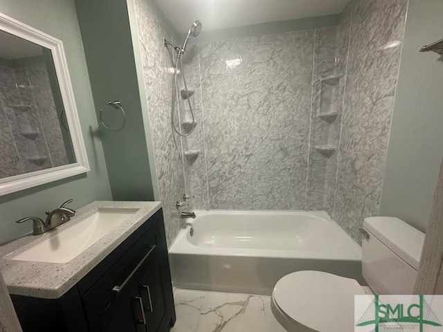full bath with toilet, marble finish floor, vanity, and bathing tub / shower combination